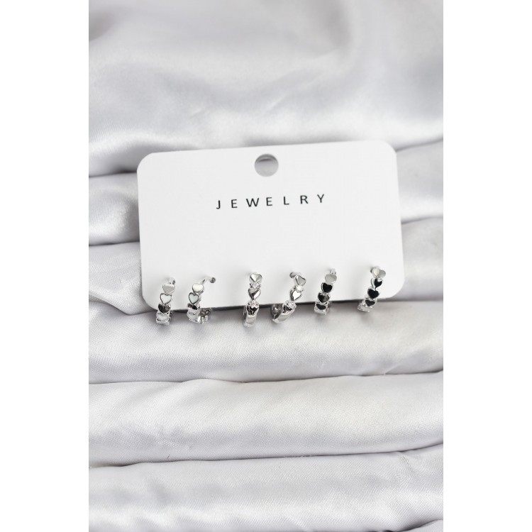 Silver-Colored Brass Minimalist Heart-Detailed Women's Earring Set - TJ-BKP11472