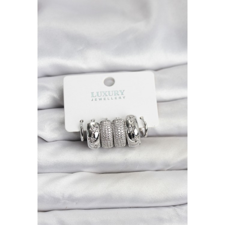 Zircon Stone Brass Silver Color Hoop Women's Earring Set - TJ-BKP11488