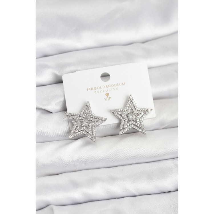 Silver-Colored Brass Zircon Stone Star Model Women's Earrings - TJ-BKP11513