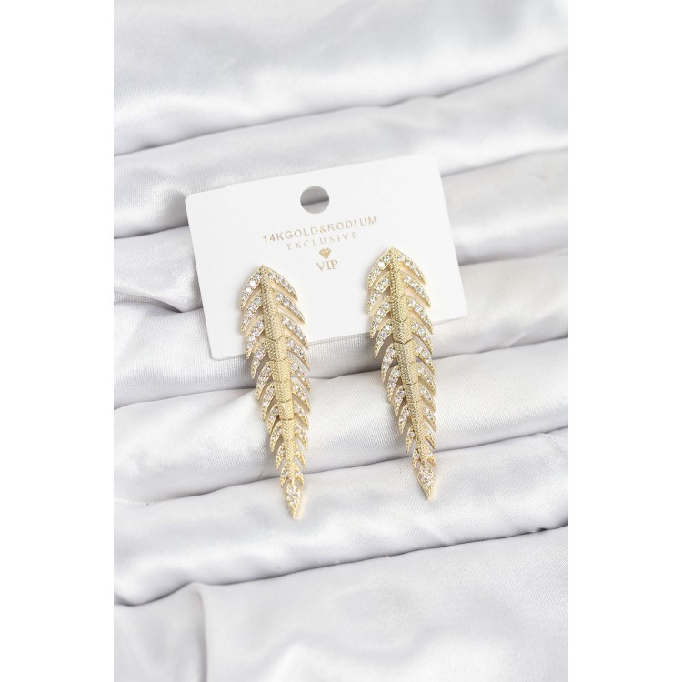 Gold-Colored Fishbone-Style Zircon Stone Women's Earrings - TJ-BKP11516 Gold-Colored Fishbone-Style Zircon Stone Women's Earrings - TJ-BKP11516