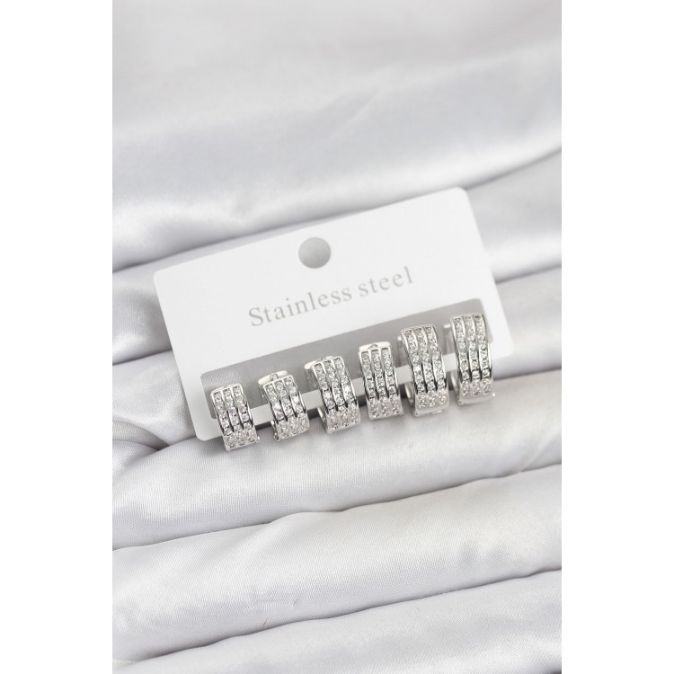 316L Stainless Steel Zircon Stone Silver Color Hoop Earring Set - TJ-BKP11519