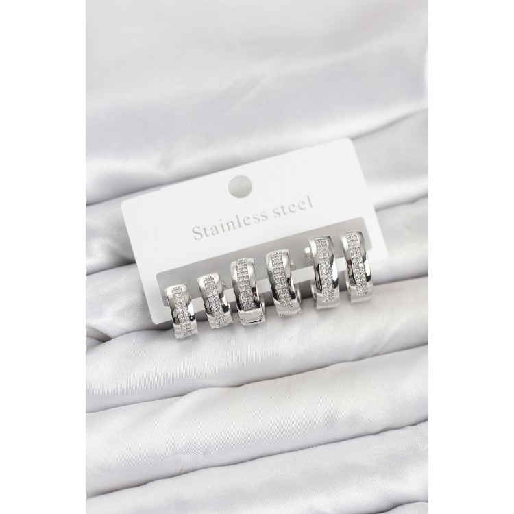 316L Stainless Steel Silver-Colored Zircon Stone Hoop Earring Set - TJ-BKP11527