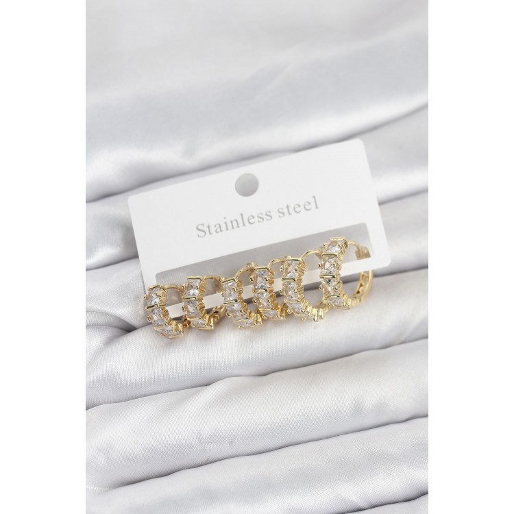 316L Steel Gold-Colored Baguette Zircon Stone Hoop Earring Set - TJ-BKP11528 316L Steel Gold-Colored Baguette Zircon Stone Hoop Earring Set - TJ-BKP11528