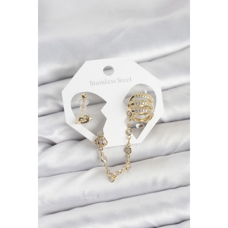 Gold-Colored Spiral Chain-Linked Ear Cuff Earrings Set - TJ-BKP11536 Gold-Colored Spiral Chain-Linked Ear Cuff Earrings Set - TJ-BKP11536