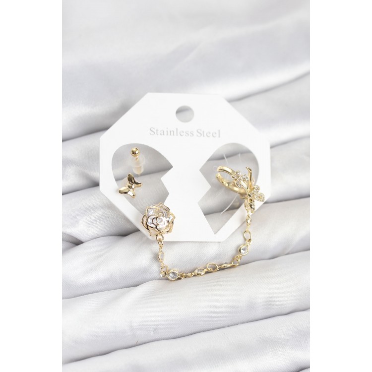 Gold-Colored Butterfly-Motif Chain-Linked Ear Cuff Earrings Set - TJ-BKP11543