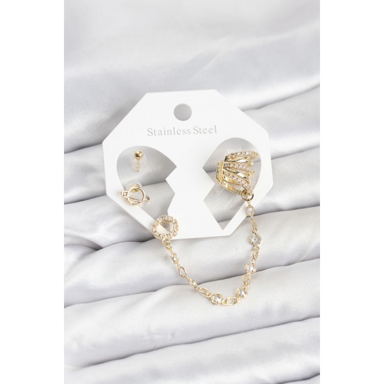 Space Model Gold-Colored Chain-Linked Ear Cuff Earrings Set - TJ-BKP11546 Space Model Gold-Colored Chain-Linked Ear Cuff Earrings Set - TJ-BKP11546