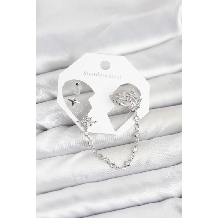 North Star Model Brass Silver Color Chain Linked Ear Cuff Earring Set - TJ-BKP11551 North Star Model Brass Silver Color Chain Linked Ear Cuff Earring Set - TJ-BKP11551