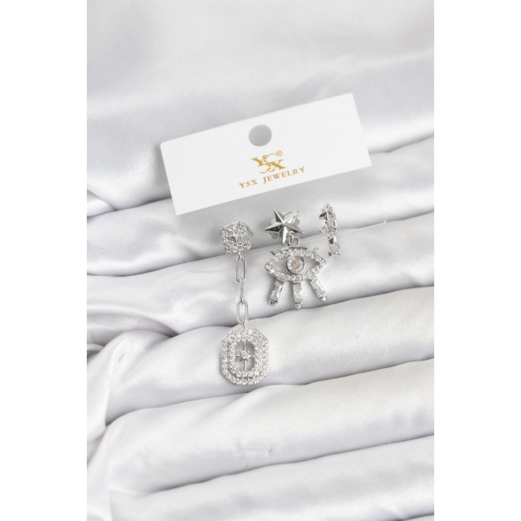 Brass Silver Color Eye and North Star Model YSX Trio Earring Set - TJ-BKP11557