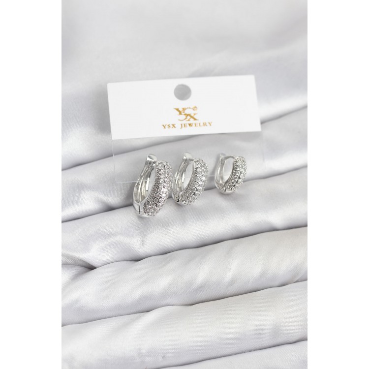 Silver-Colored Zircon Stone Ring Model YSX Trio Earring Set - TJ-BKP11559
