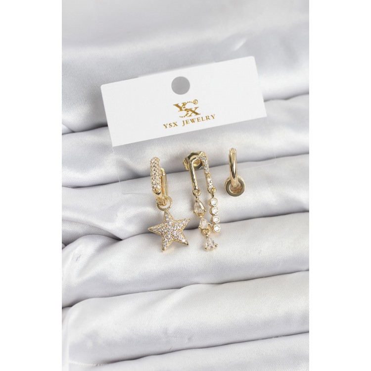 Gold-Colored Zircon Stone Star Vintage Model YSX Trio Earring Set - TJ-BKP11562