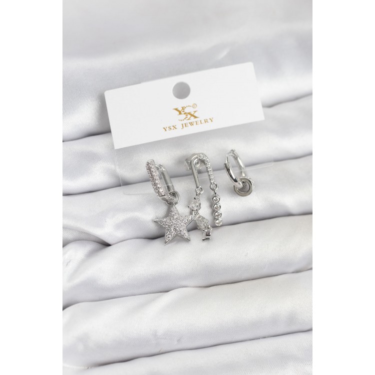 Silver-Colored Zircon Stone Star Vintage Model YSX Trio Earring Set - TJ-BKP11563