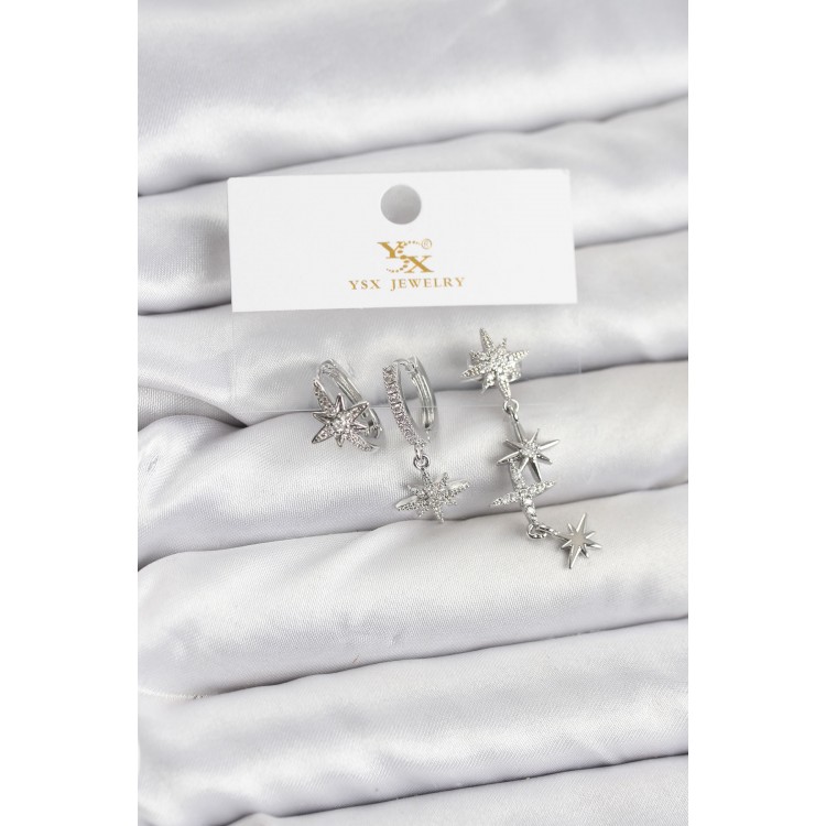Silver-Colored Zircon Stone Polar Star Model YSX Trio Earring Set - TJ-BKP11565
