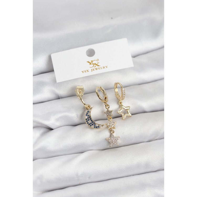 Gold-Colored Zircon Stone Moon and Star Model YSX Trio Earring Set - TJ-BKP11574 Gold-Colored Zircon Stone Moon and Star Model YSX Trio Earring Set - TJ-BKP11574