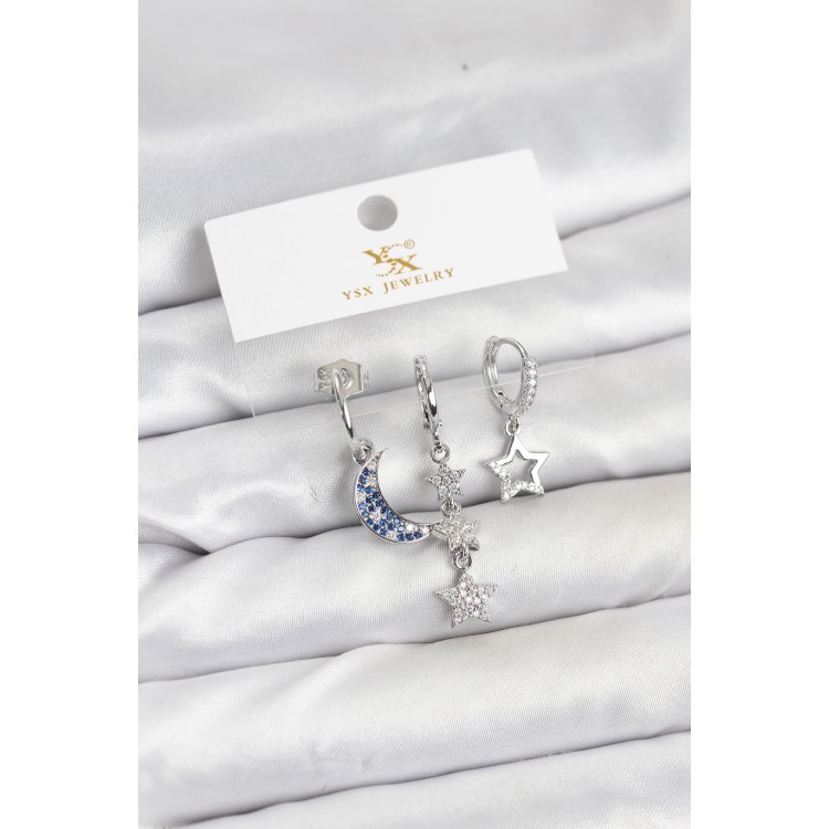Silver-Colored Zircon Stone Moon and Star Design YSX Trio Earring Set - TJ-BKP11575