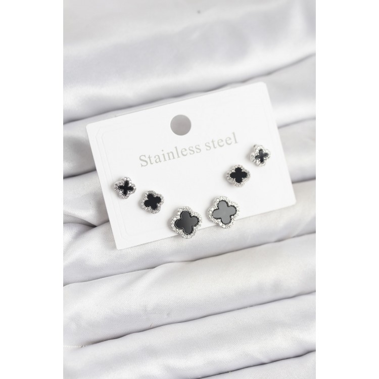 316L Steel Silver-Colored Zircon Stone Clover Model Women's Earring Set - TJ-BKP11587 316L Steel Silver-Colored Zircon Stone Clover Model Women's Earring Set - TJ-BKP11587