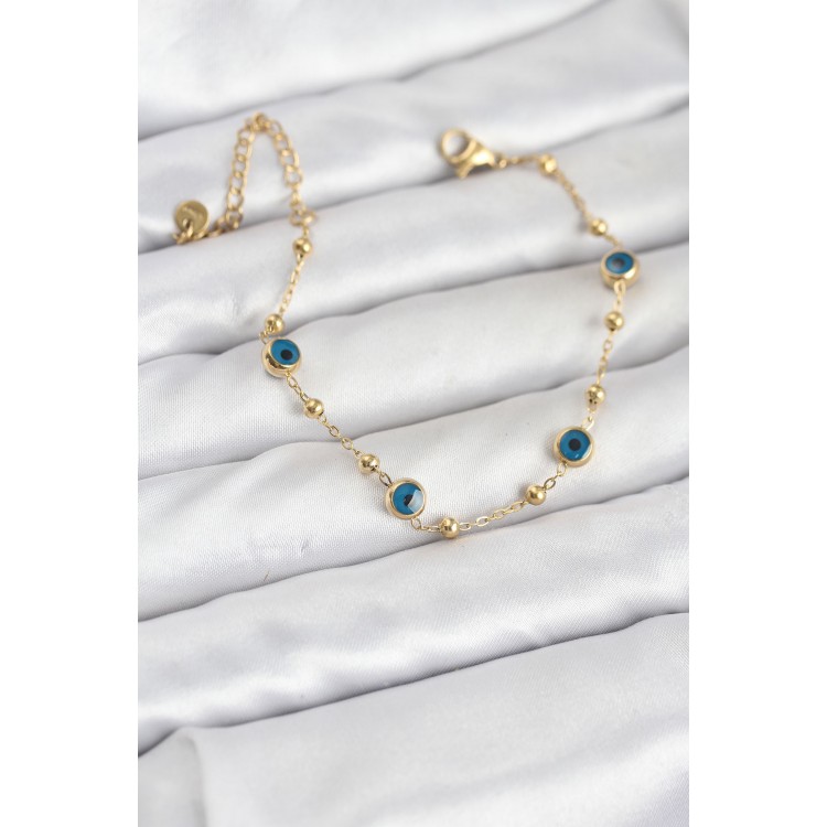 316L Steel Gold Color Beaded Nazar Model Women's Bracelet - TJ-BB8168 316L Steel Gold Color Beaded Nazar Model Women's Bracelet - TJ-BB8168