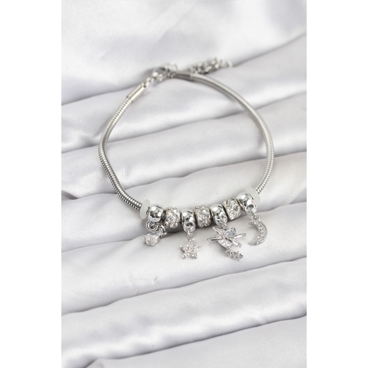 Brass Silver Heart-Shaped Charm Women's Bracelet - TJ-BB8176