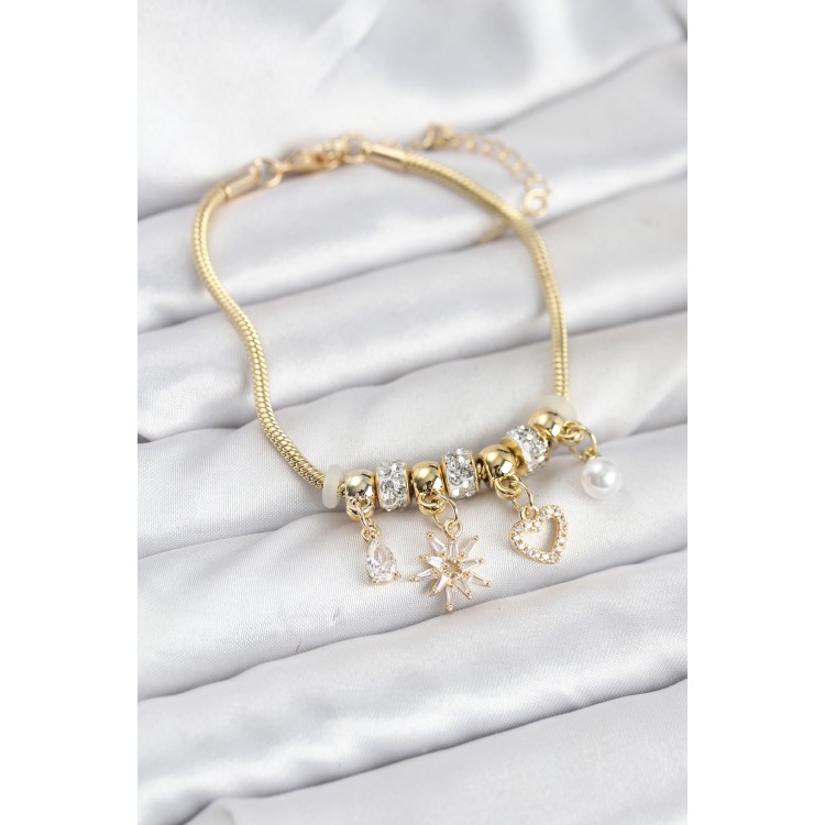 Gold-Colored Polar Star and Heart Charm Women's Bracelet - TJ-BB8181