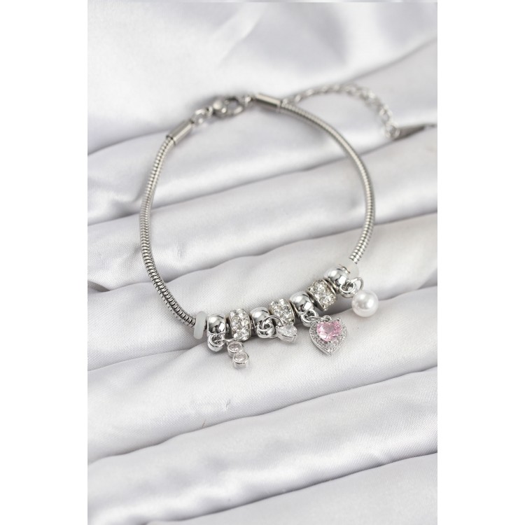 Women's Bracelet with Silver-Plated Pink Heart Charm - TJ-BB8190