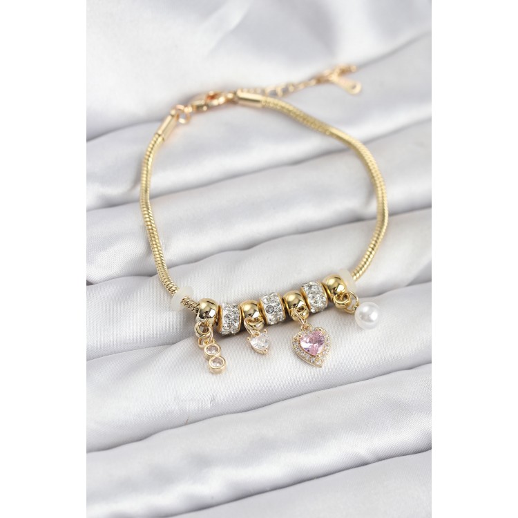Gold-Plated Pink Heart Charm Women's Bracelet - TJ-BB8191 Gold-Plated Pink Heart Charm Women's Bracelet - TJ-BB8191