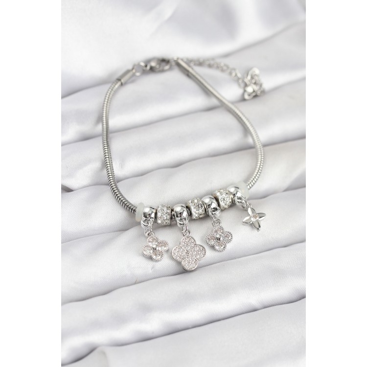 Silver-Colored Clover-Shaped Women's Bracelet - TJ-BB8194 Silver-Colored Clover-Shaped Women's Bracelet - TJ-BB8194