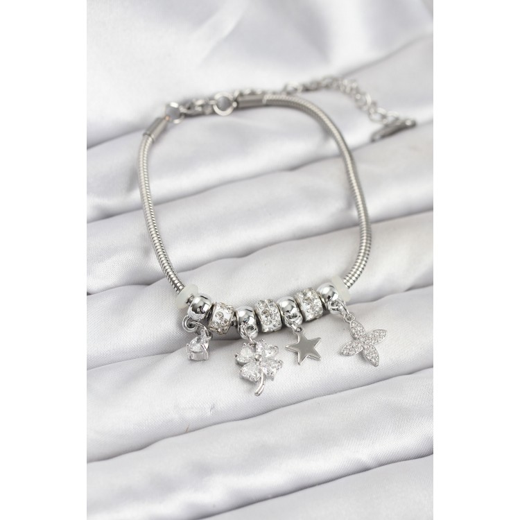 Silver-Colored Brass Clover Charm Women's Bracelet - TJ-BB8202