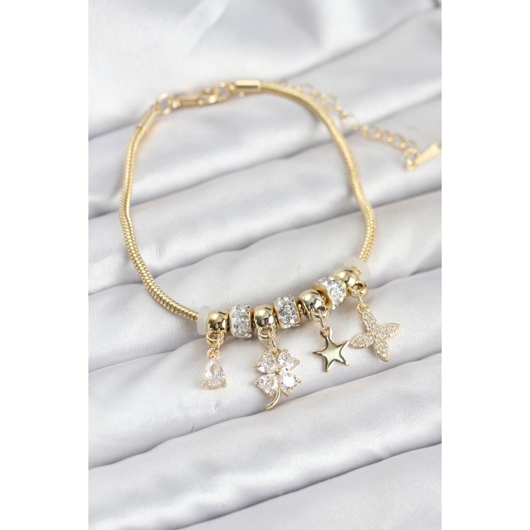 Gold-Colored Brass Clover Charm Women's Bracelet - TJ-BB8203 Gold-Colored Brass Clover Charm Women's Bracelet - TJ-BB8203