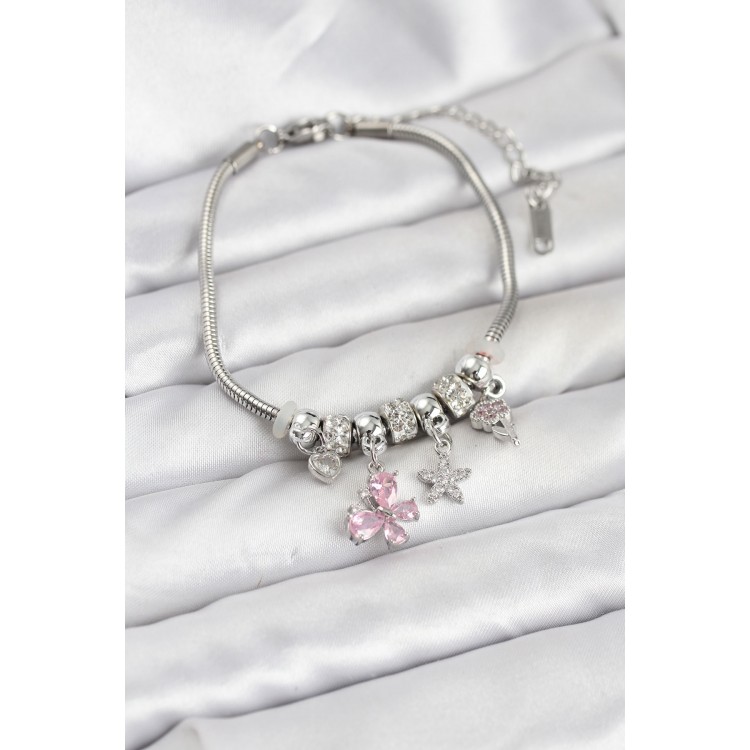 Silver-Tone Pink Butterfly Charm Women's Bracelet - TJ-BB8204