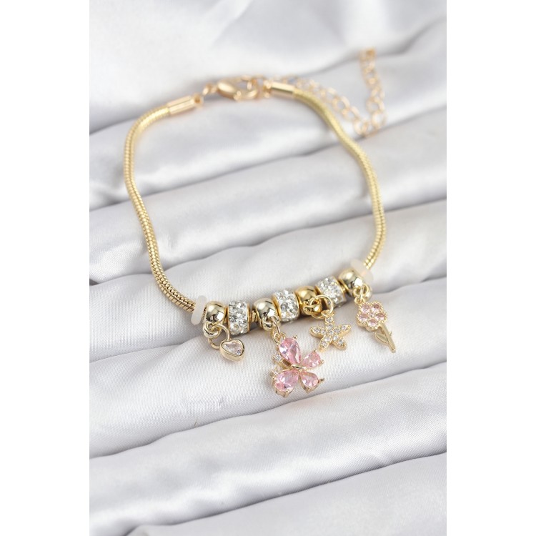 Gold-Colored Pink Butterfly Charm Women's Bracelet - TJ-BB8205
