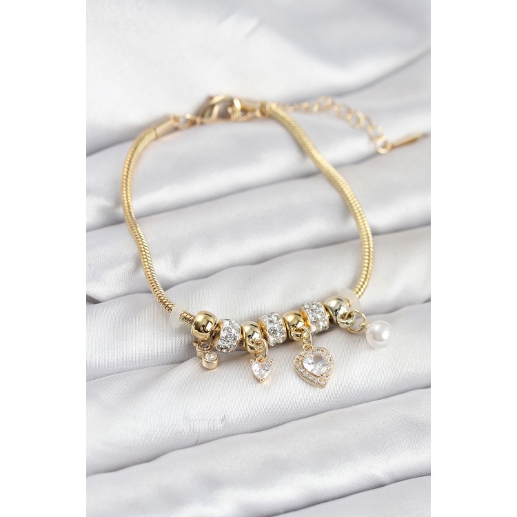 Gold-Colored Heart Charm Women's Bracelet - TJ-BB8209 Gold-Colored Heart Charm Women's Bracelet - TJ-BB8209