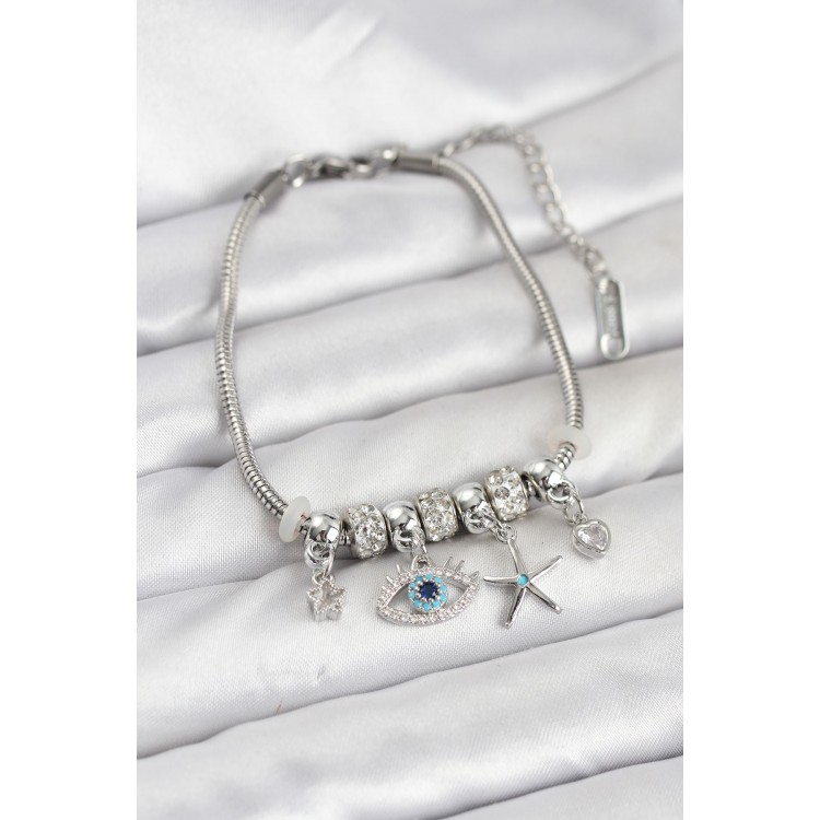 Silver-Tone Rice-Shaped Eye Charm Women's Bracelet - TJ-BB8216