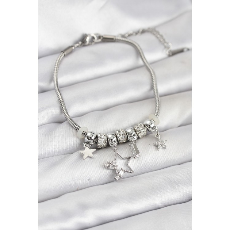 Silver-Colored Brass Star Model Charm Bracelet for Women - TJ-BB8220