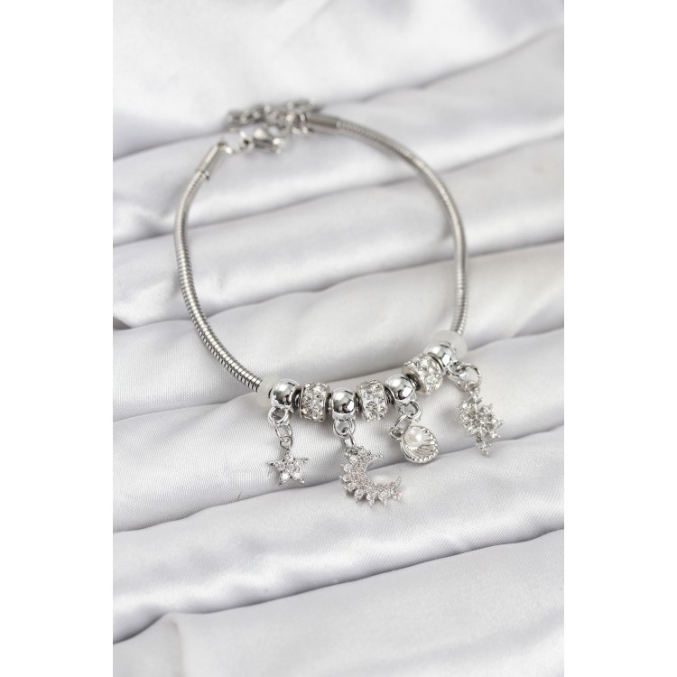 Silver-Colored Moon Charm Model Charm Bracelet for Women - TJ-BB8174