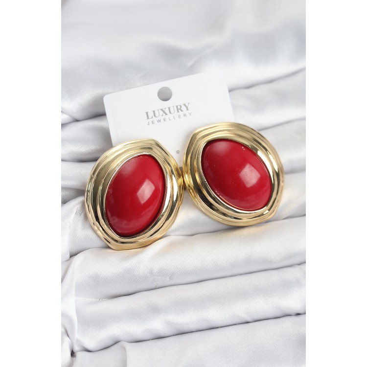 Red Almond-Shaped Vintage Gold Women's Earrings - TJ-BKP11592