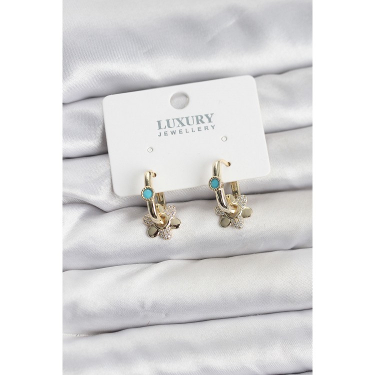 Blue Stone Detailed Brass Gold Color Women's Migrant Earrings - TJ-BKP11598