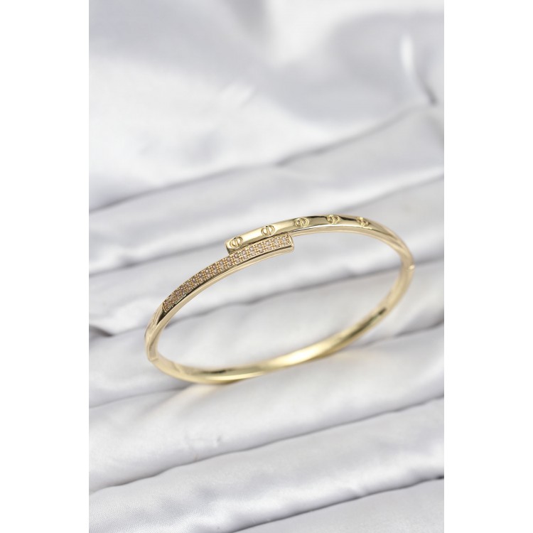 Pirinç Gold Renk Zirkon Taşlı Kadın Kelepçe Bileklik - TJ-BB8223 Pirinç Gold Renk Zirkon Taşlı Kadın Kelepçe Bileklik - TJ-BB8223