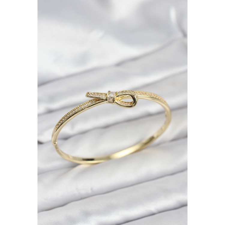 Pirinç Gold Renk Zirkon Taşlı Fiyonk Model Kadın Kelepçe Bileklik - TJ-BB8224 Pirinç Gold Renk Zirkon Taşlı Fiyonk Model Kadın Kelepçe Bileklik - TJ-BB8224