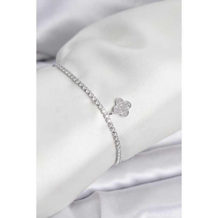 Yonca Model Zirkon Taşlı Gümüş Renk Asansörlü Su Yolu Bileklik - TJ-BB8243