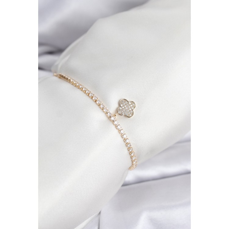 Yonca Model Zirkon Taşlı Gold Renk Asansörlü Su Yolu Bileklik - TJ-BB8244