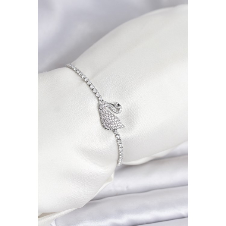 Kuğu Model Zirkon Taşlı Gümüş Renk Asansörlü Su Yolu Bileklik - TJ-BB8245