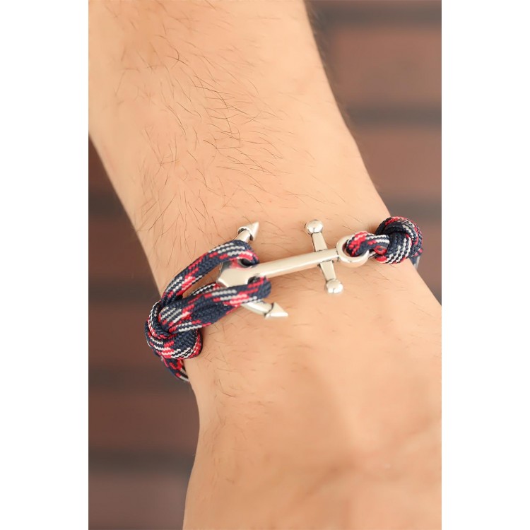 Navy Blue and Burgundy Patterned Metal Studded Men's Bracelet - TJ-EB2259-KS