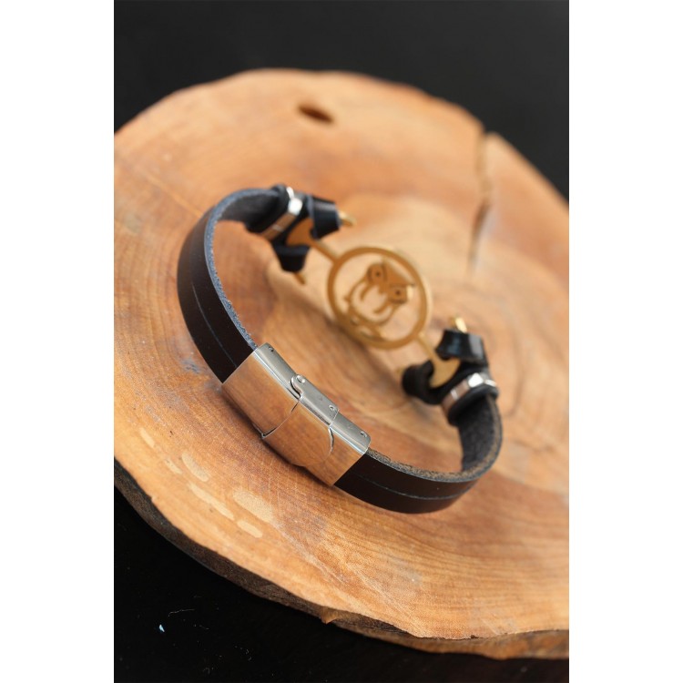 Gold Renk Baykuşlu Metal Aksesuarlı Siyah Renk Deri Erkek Bileklik - TJ-EB2542-KS