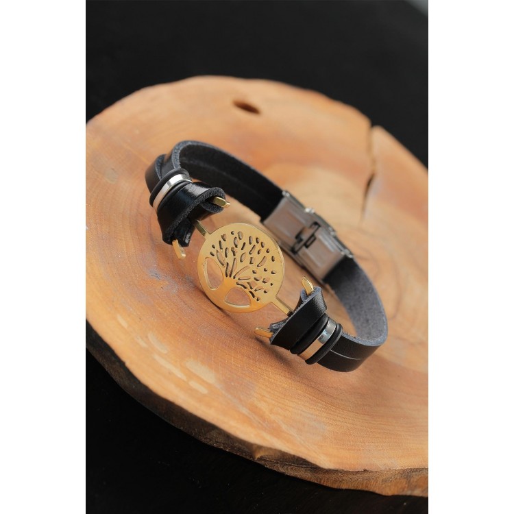 Gold-Colored Metal Tree Design Black Leather Men's Bracelet - TJ-EB2552-KS Gold-Colored Metal Tree Design Black Leather Men's Bracelet - TJ-EB2552-KS