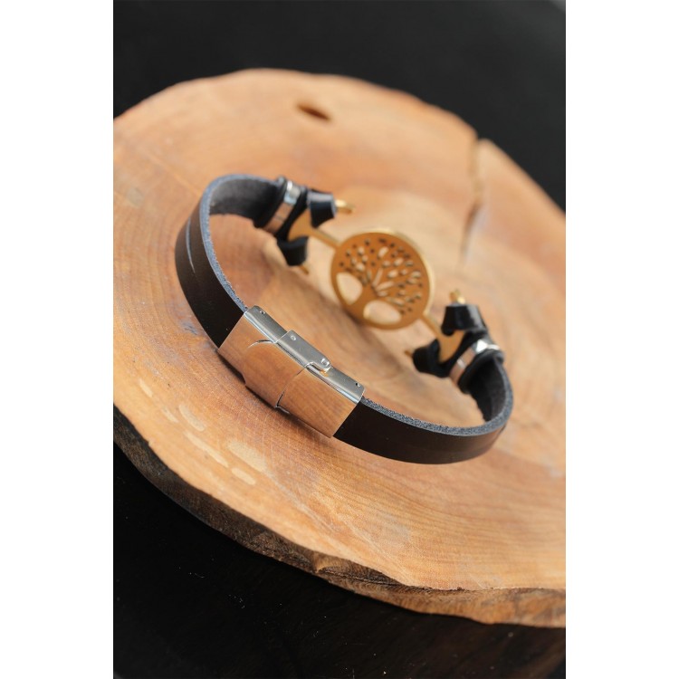 Gold-Colored Metal Tree Design Black Leather Men's Bracelet - TJ-EB2552-KS