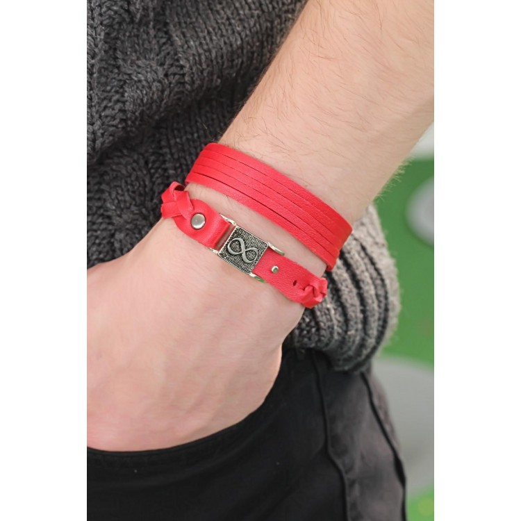 Patterned Metal Accessory Red Leather Men's Bracelet Combination - TJ-EB2804
