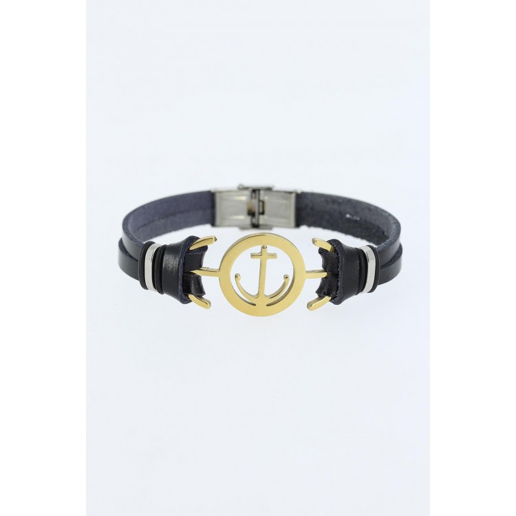 Gold-Colored Anchor-Shaped Metal Accessory Black Leather Men's Bracelet - TJ-EB1339 Gold-Colored Anchor-Shaped Metal Accessory Black Leather Men's Bracelet - TJ-EB1339
