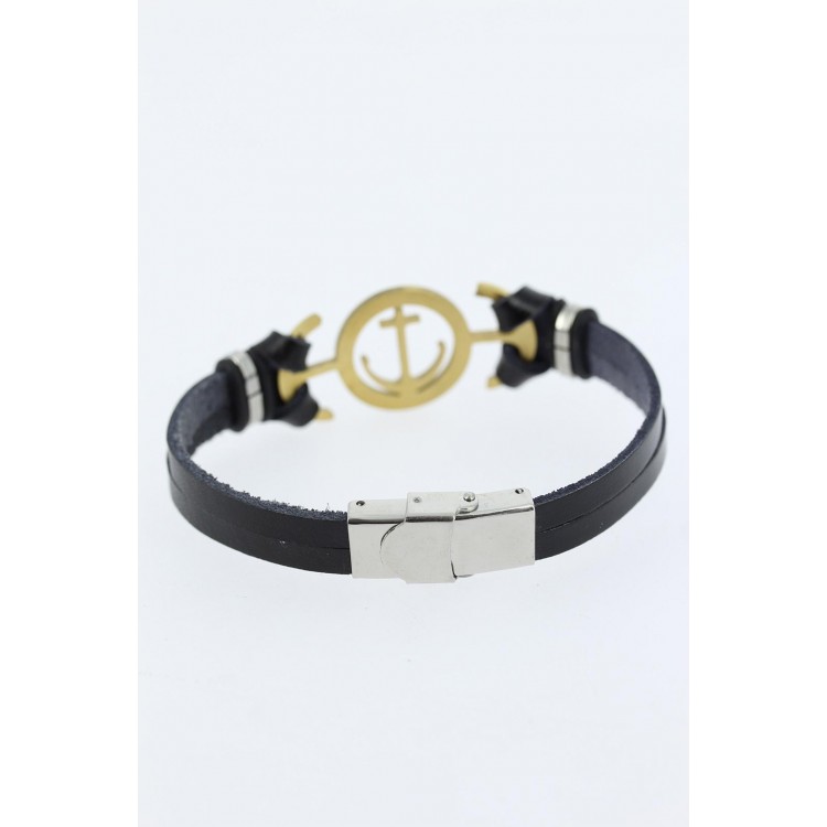 Gold-Colored Anchor-Shaped Metal Accessory Black Leather Men's Bracelet - TJ-EB1339