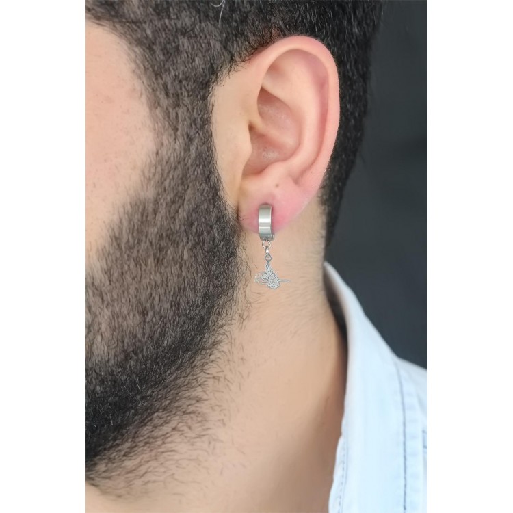Silver Renk Kaplama Osmanlı Tuğra Figürlü Kıstırmalı Çelik Erkek Küpe - TJ-EKP117