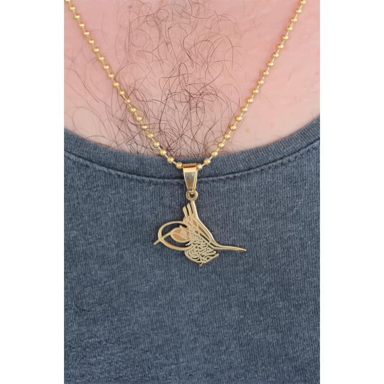 Gold-Colored Metal Ottoman Tughra-Patterned Men's Necklace - TJ-ERK336