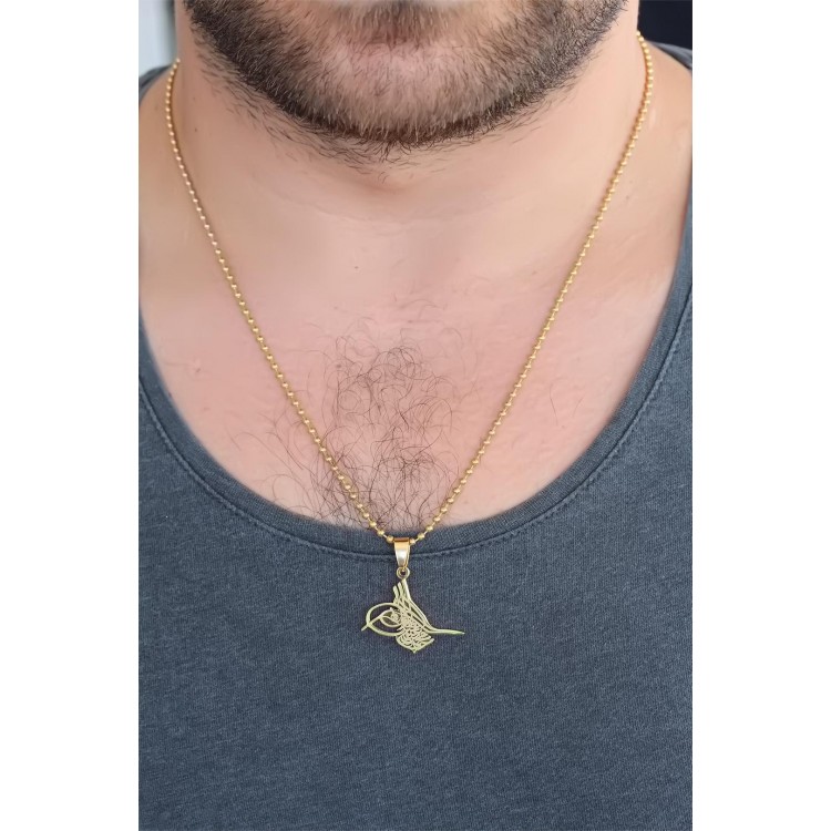 Gold-Colored Metal Ottoman Tughra-Patterned Men's Necklace - TJ-ERK336 Gold-Colored Metal Ottoman Tughra-Patterned Men's Necklace - TJ-ERK336